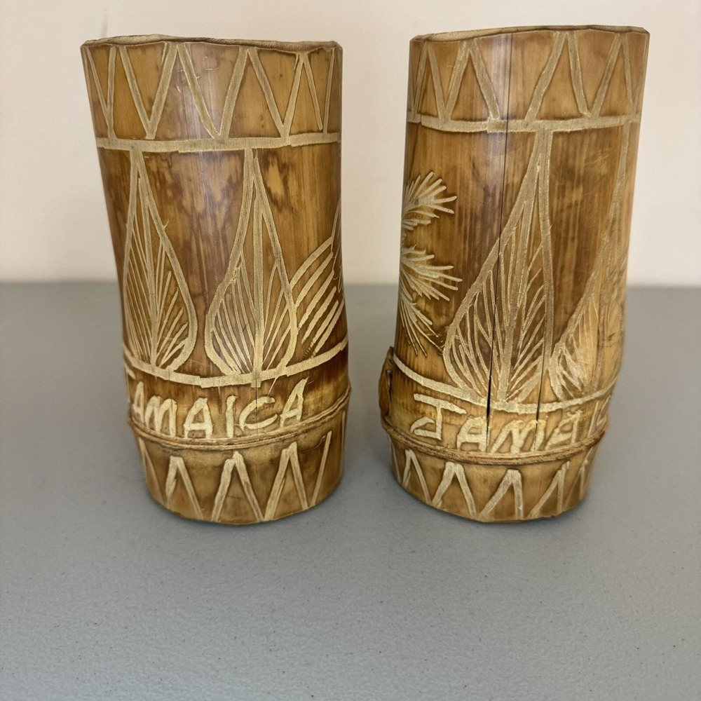 Set Of 2 Vintage 7" Bamboo Tiki Bar Tumblers Hand Carved Jamaican Mugs Vase